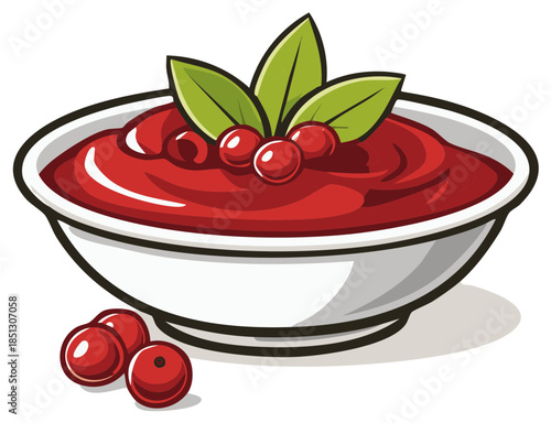 Vibrant Cranberry Sauce or Berry Jam in White Bowl with Green Leaves Vector Illustration