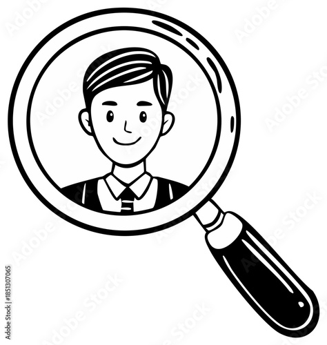 Black and white doodle of a magnifying glass focusing on a businessman for a human resources or recruitment concept