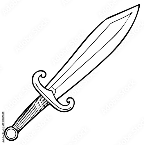 Outlined Illustration of a Classic Sword with Detailed Handle and Decorative Hilt