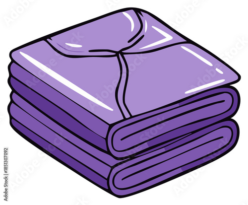 Stack of neatly folded purple towels or blankets with a clean illustrative style