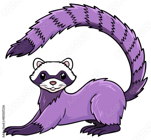 Cute purple ferret with a mask and bushy tail in a playful pose