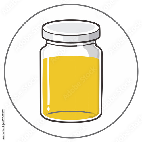 Clear jar with yellow liquid, container mockup, glass bottle with lid, preserve, storage illustration