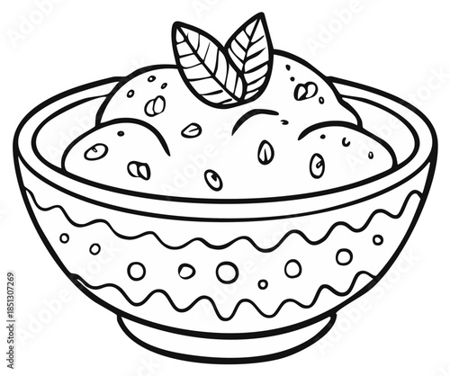 Hand drawn bowl of porridge with a mint leaf garnish coloring page illustration