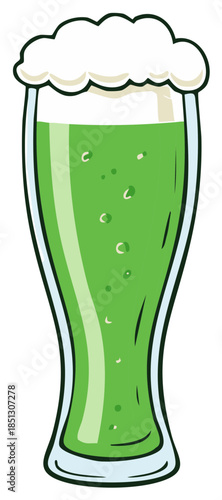 St. Patrick's Day green beer in a tall glass with foam vector cartoon illustration