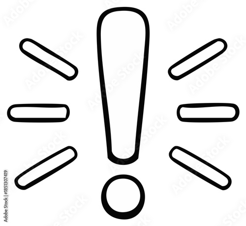Exclamation point icon radiating light beams, stylized warning sign or attention symbol, urgent matter doodle