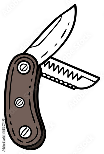 Compact multi-tool folding knife with saw blade for outdoor adventures vector art