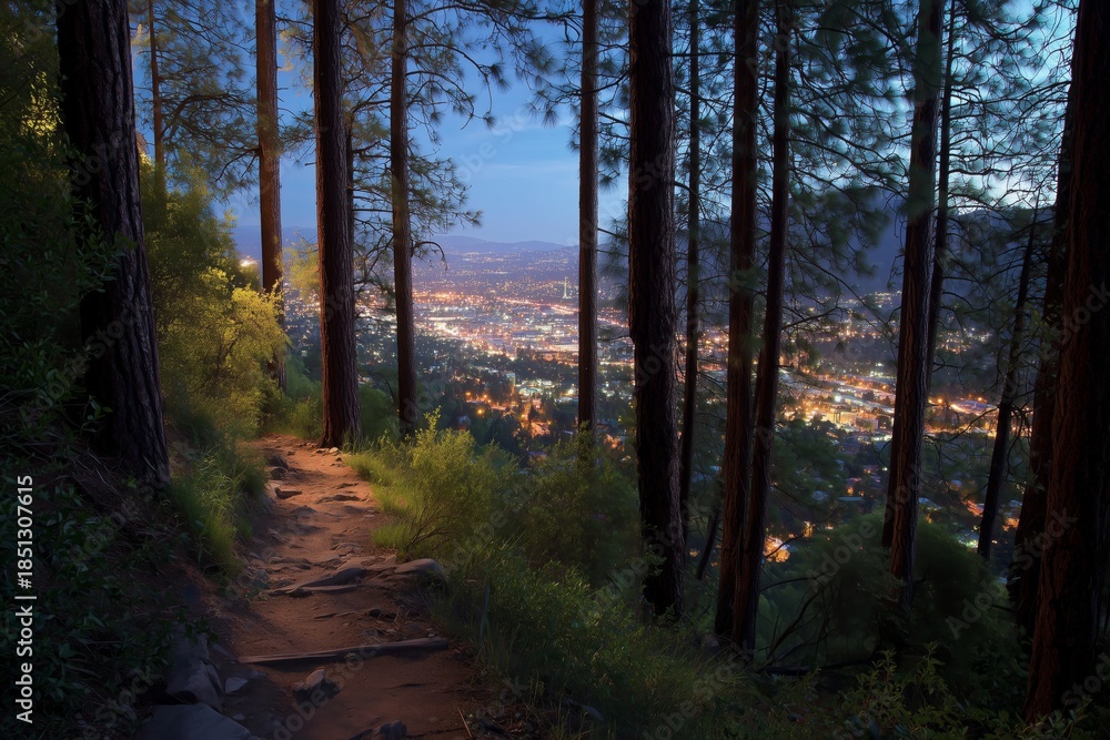 Obraz premium Walking Path in the Forest With City Lights Visible in the Distance at Dusk