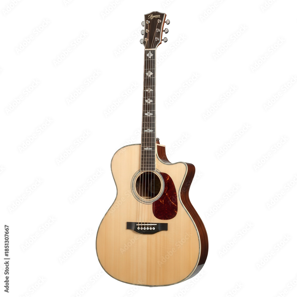 Obraz premium Acoustic Guitar in Natural Wood Tone with Dark Neck and Red Pickguard in Soft Studio Lighting for Music Advertising