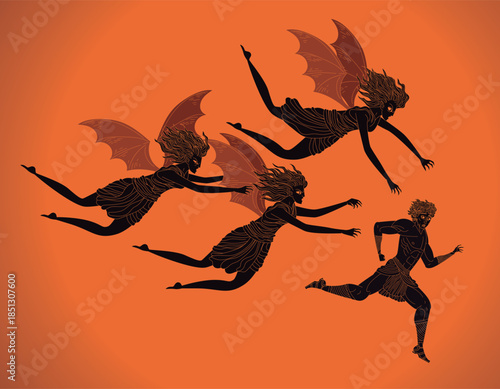 Orestes fleeing the Erinyes in ancient Greek black figure vase style