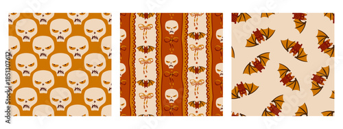 Halloween skull flying bat seamless pattern set orange brown for wrapping fabric textile wallpaper