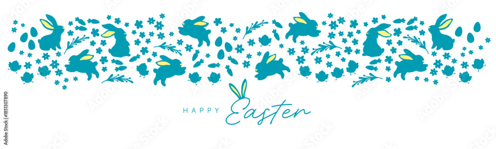 Obraz premium Easter horizontal banner with white bunny silhouettes, flowers and eggs on background, spring holiday vector