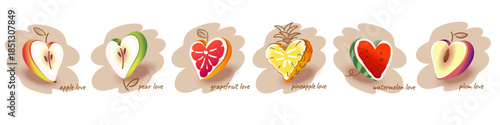 Set of vector illustrations of fruits in the shape of a heart: apple, pear, grapefruit, watermelon, plum, and pineapple. The “fruit love” concept is perfect for greeting cards, posters, packaging, 