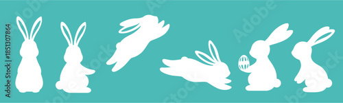 Easter horizontal banner with white bunny silhouettes, flowers and eggs on background, spring holiday vector