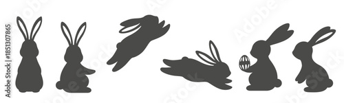 Easter horizontal banner with white bunny silhouettes, flowers and eggs on background, spring holiday vector