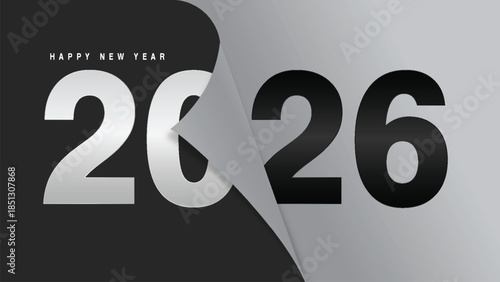 2026 Happy New Year banner with blue paper peel transition and black background