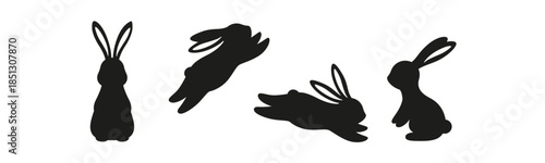 Easter horizontal banner with white bunny silhouettes, flowers and eggs on background, spring holiday vector