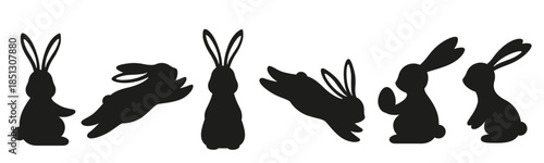 Easter horizontal banner with white bunny silhouettes, flowers and eggs on background, spring holiday vector
