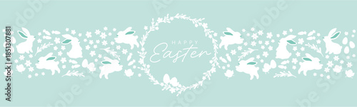 Easter horizontal banner with white bunny silhouettes, flowers and eggs on background, spring holiday vector