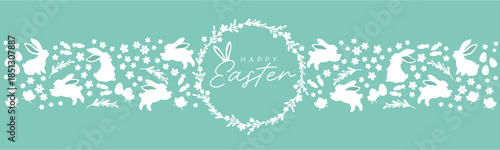 Easter horizontal banner with white bunny silhouettes, flowers and eggs on background, spring holiday vector