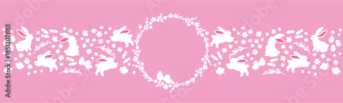 Easter horizontal banner with white bunny silhouettes, flowers and eggs on background, spring holiday vector