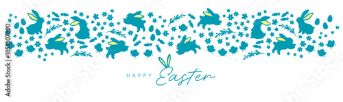 Easter horizontal banner with white bunny silhouettes, flowers and eggs on background, spring holiday vector