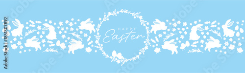 Easter horizontal banner with white bunny silhouettes, flowers and eggs on background, spring holiday vector