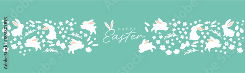 Easter horizontal banner with white bunny silhouettes, flowers and eggs on background, spring holiday vector