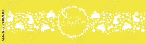 Easter horizontal banner with white bunny silhouettes, flowers and eggs on background, spring holiday vector