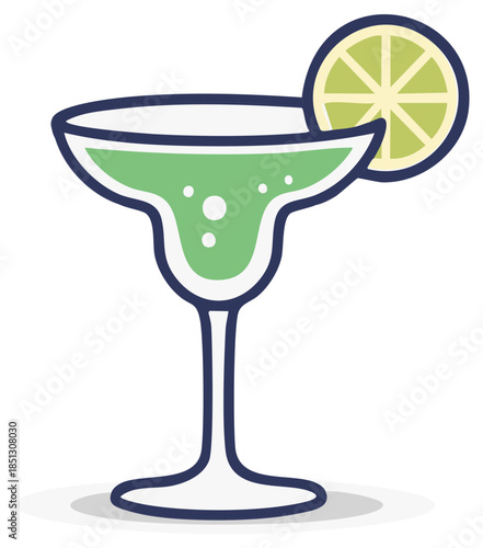 Stylized Margarita Cocktail Illustration with Lime Wedge Accent, Green Alcohol Drink in Glassware, Art