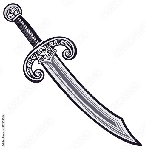 Ornate scimitar with decorative hilt and curved blade isolated on white