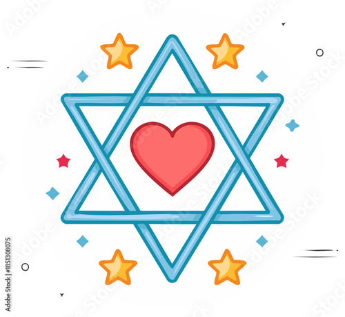Stylized Star of David Featuring Red Heart Surrounded by Stars in Blue and Gold