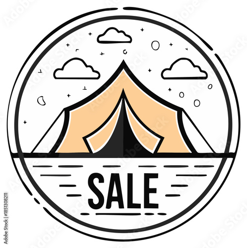 Camping tent sale graphic illustration in a circular frame.
