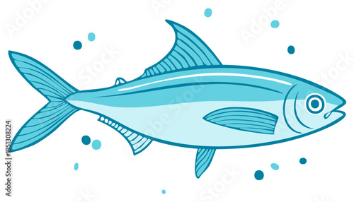 Stylized blue fish swimming in water with bubbles vector illustration