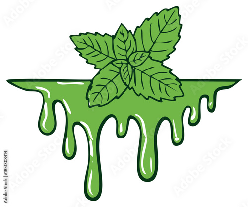 Green liquid with fresh mint leaves Illustration, dripping effect, minty taste