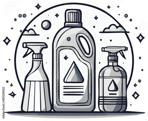 Cleaning product bottles with spray, stars and dots outline illustration. Hygiene and freshness concept art.