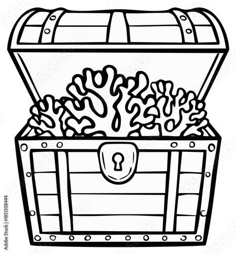 Outline vector drawing of opened treasure chest with coral, marine life, and bounty