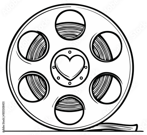 Movie Film Reel with Heart: Artistic Black and White Icon for Love of Cinema