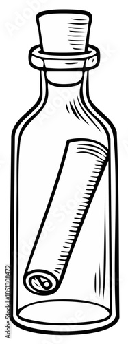 Glass Bottle with Rolled Message Drawing, Cartoon Illustration of Isolated Secret Letter in a Transparent Vessel
