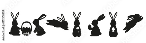 Easter horizontal banner with white bunny silhouettes, flowers and eggs on background, spring holiday vector