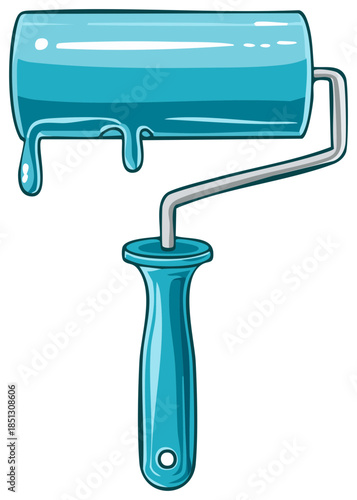 Paint roller with blue paint dripping in cartoon style design for house painting or repair