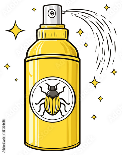 Bug spray can cartoon illustration with shiny effect eliminating bugs and insects