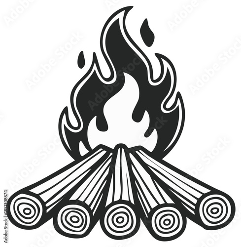 Monochrome campfire illustration symbol with burning firewood logs and stylized flames
