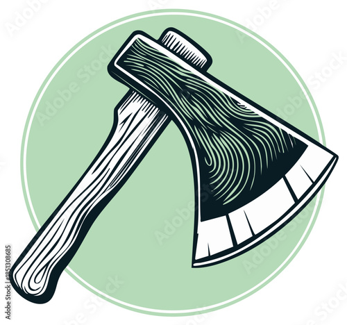 Vintage style illustration of an axe with a wooden handle and sharp blade inside a light green circle