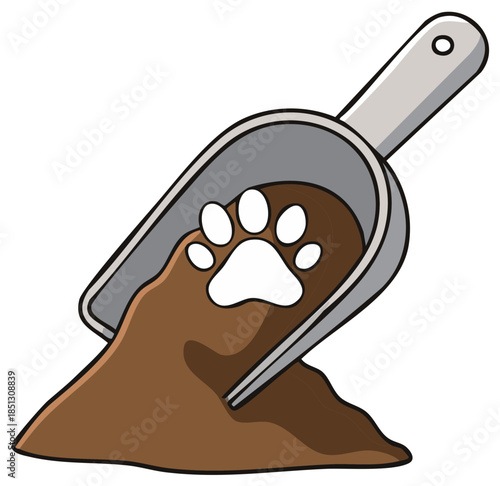 Cartoon illustration of a pet paw print in a scoop of cat litter