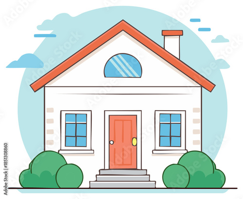 Stylized Single Family Home with Orange Roof and Bushes against Blue Sky