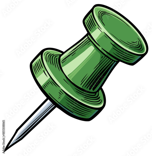 Green push pin illustration with metallic needle in vintage engraving style, isolated.