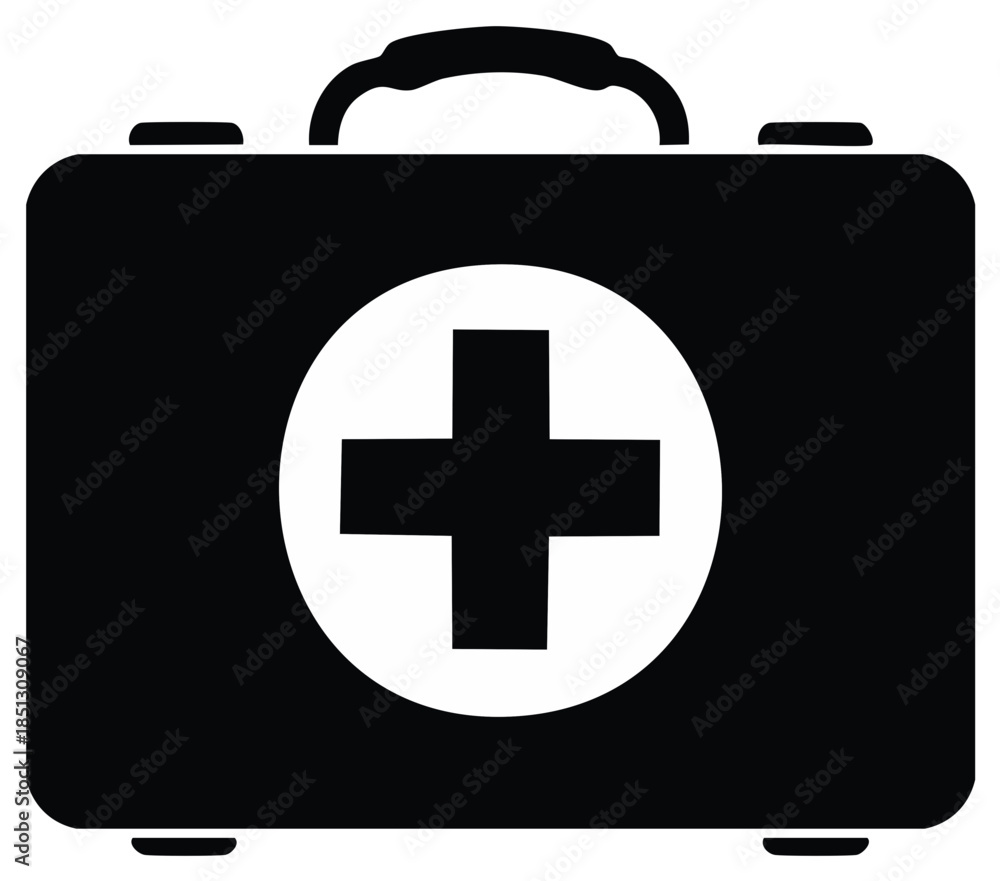 Fototapeta premium Medical first aid kit case with a cross symbol. Black and white emergency healthcare icon.