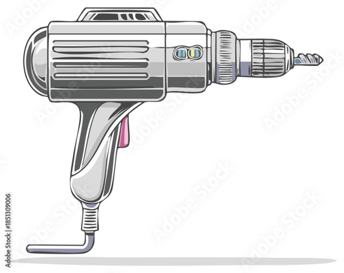 Futuristic silver cordless drill with pink trigger and metal drill bit attached