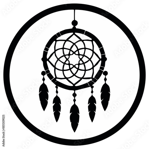 Traditional dreamcatcher silhouette with woven web and hanging feathers spiritual symbol vector illustration