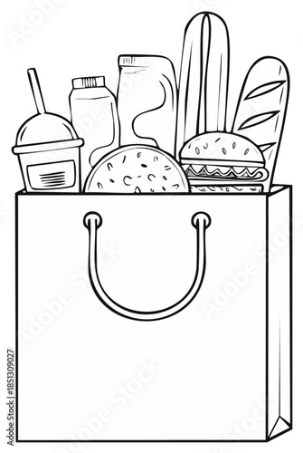 Detailed black and white line art illustration of a shopping bag overflowing with various delicious takeout food items